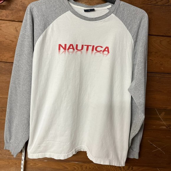Men's T-shirt long sleeve Nautica Mirror Logo - Size XL - White & Gray - Picture 1 of 5